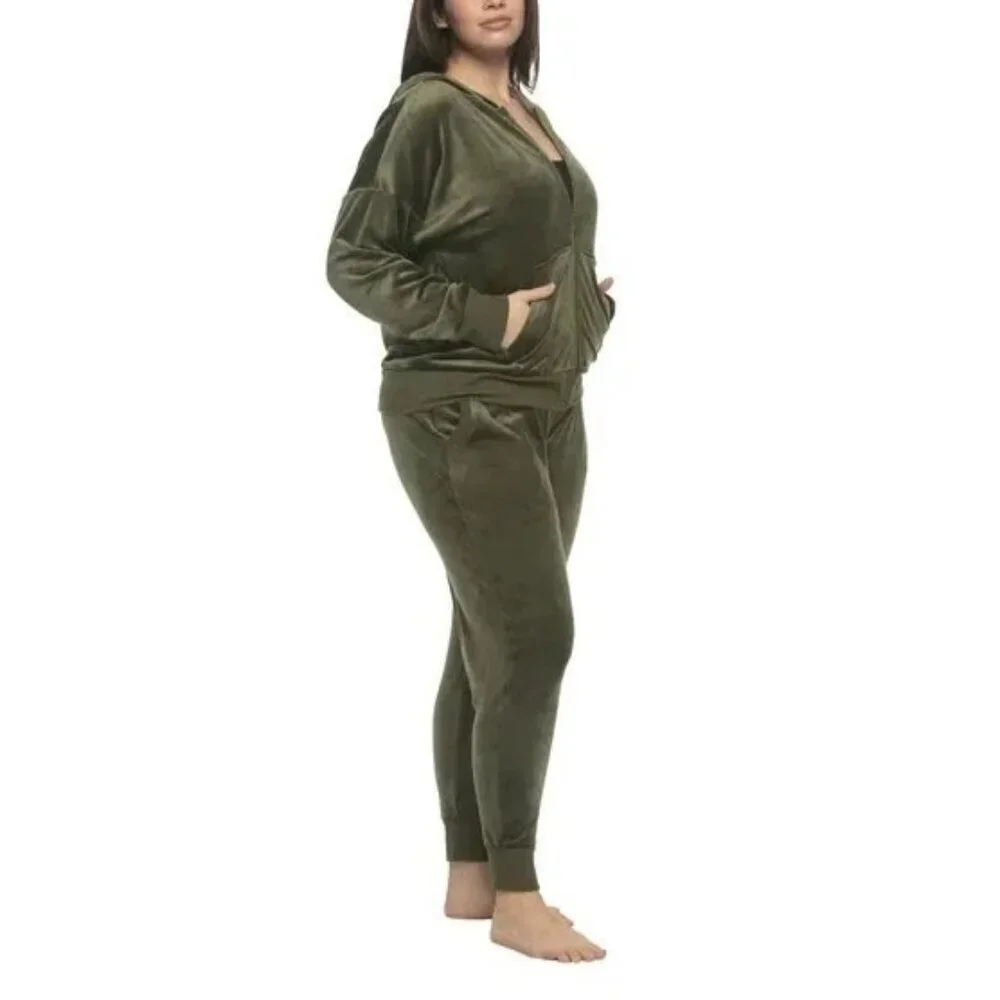 NEW Velour Women's L Hoodie & Jogger Set By Felina Olive Green Soft M0023